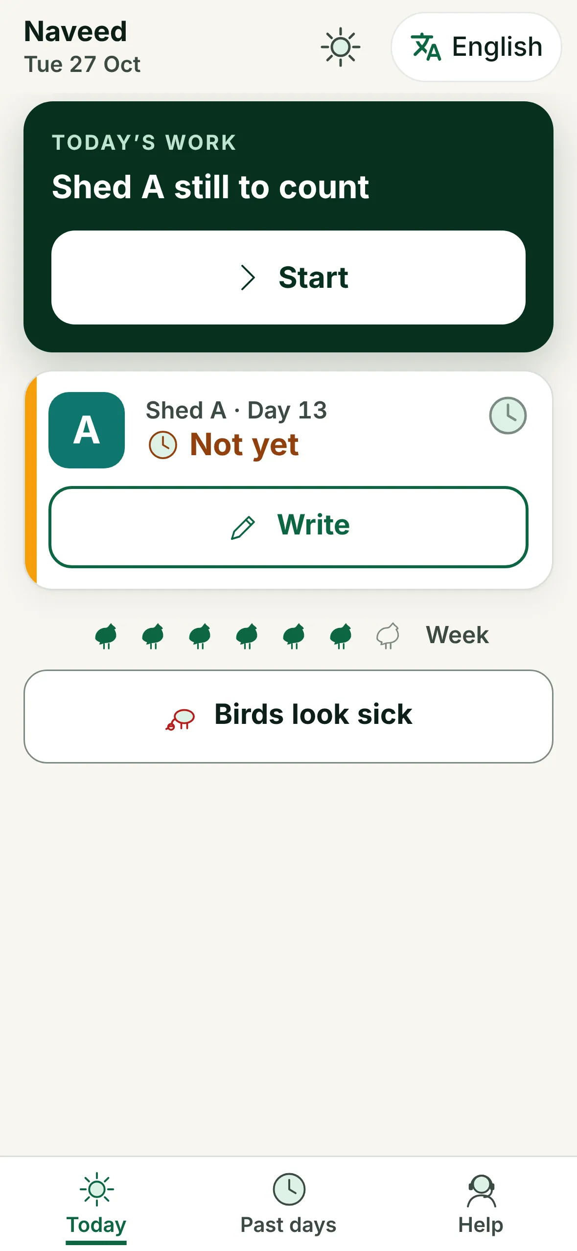 Supervisor ki aasan screen: aaj ka kaam, Shed A ki ginti baqi, bara Start button aur "murghiyan bimar lag rahi hain" ka button